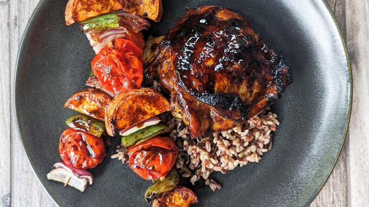 Spicy Jerk Chicken Thighs with Grilled Veggies and Wild Rice