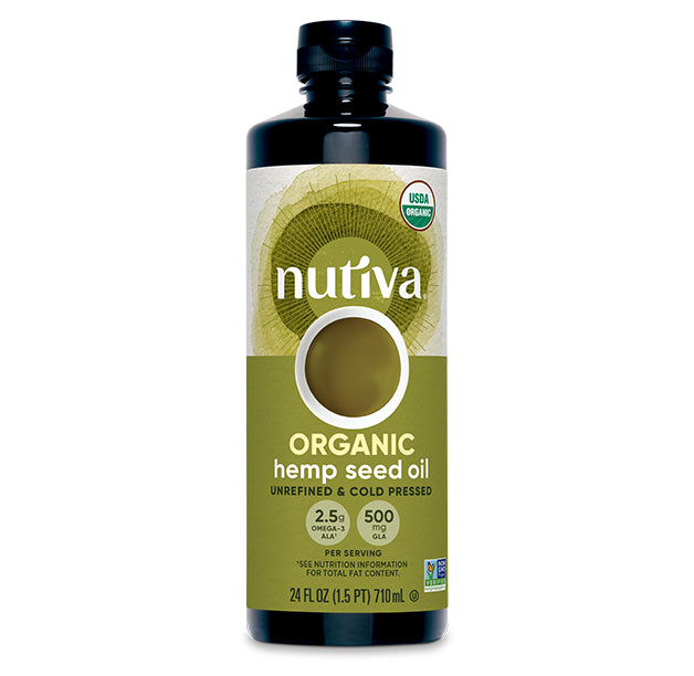 Nutiva organic hemp seed oil bottle on a white background